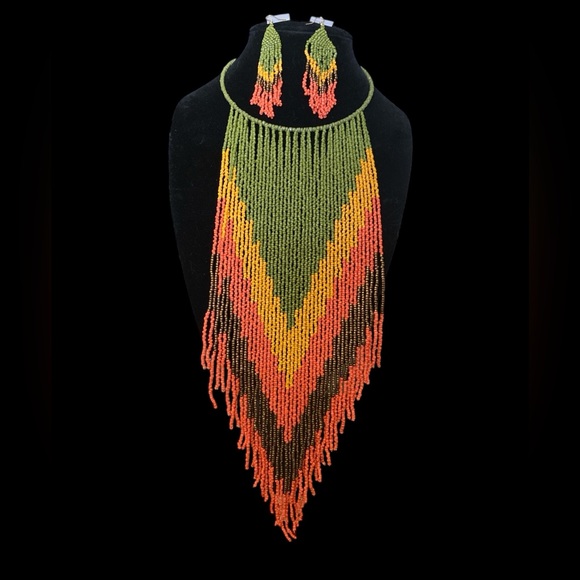 Jewelry - African Fringe Tassel Colorful Seed Beaded Choker Necklace and Earring Set